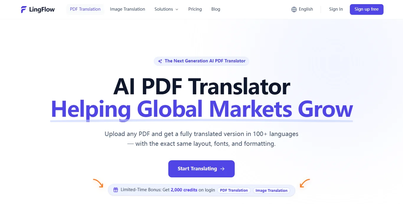 LingFlow PDF translation product page, captured September 2026