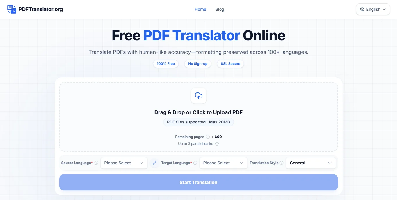 PDFTranslator.org home page with PDF upload area, captured September 2026