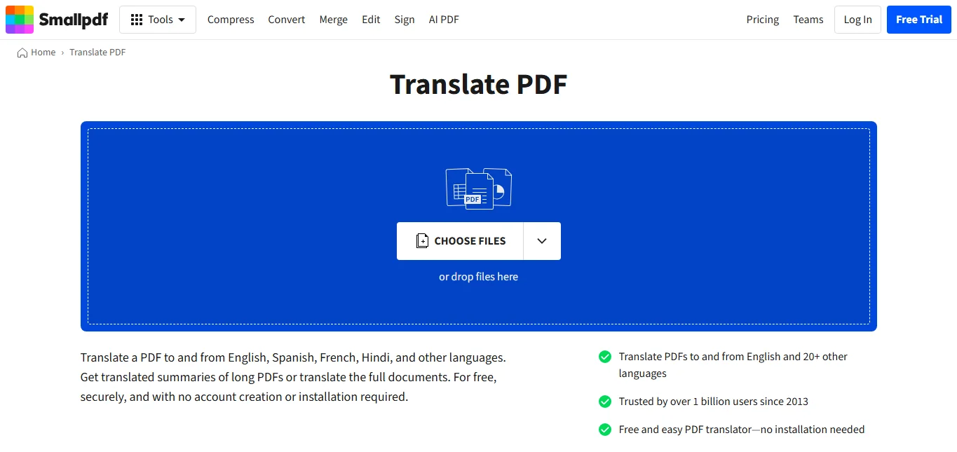 Smallpdf Translate PDF upload page, captured September 2026