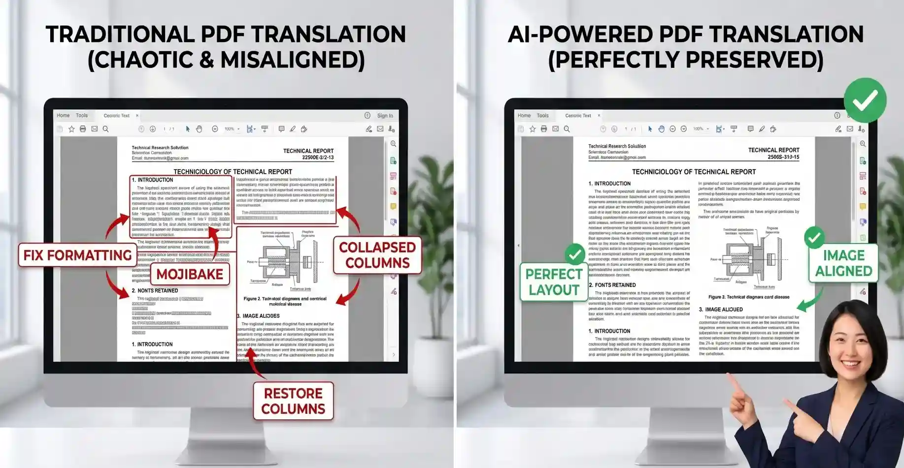 A professional split-screen view: the left side shows a chaotic, misaligned PDF translation from a generic tool; the right side shows a LingFlow translation with perfectly preserved columns, fonts, and images.